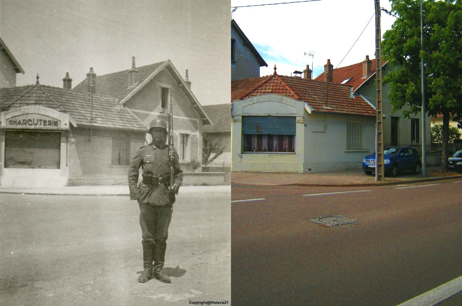 A soldier posing in front of what used to be a butcher shop.