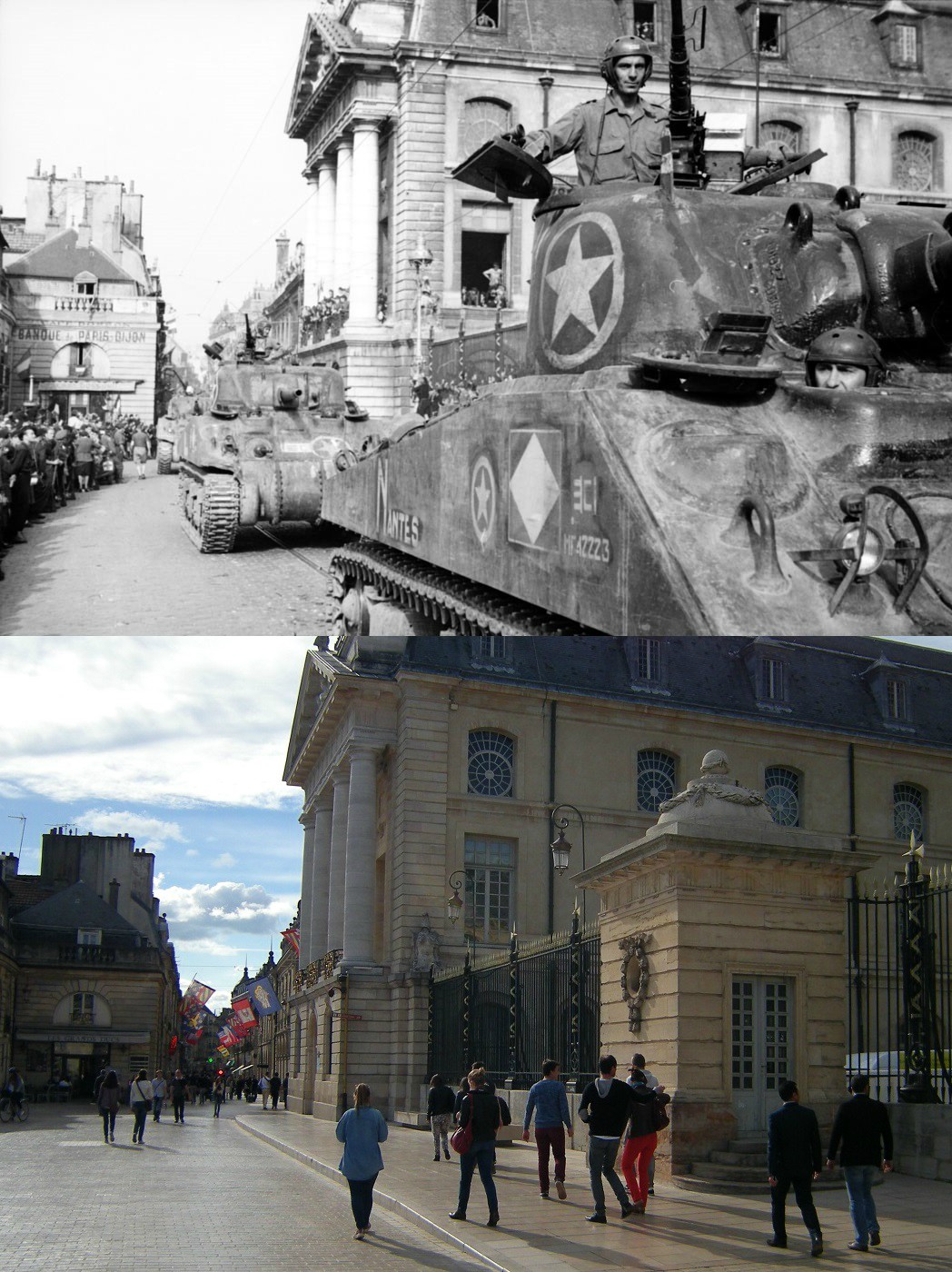 Free French Forces, aboard Shermans, arrive in front of the Palace. The square is renamed Liberation Square for the occasion.