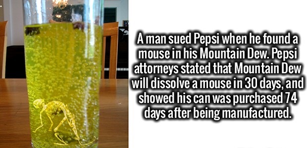 useless trivia - Aman sued Pepsi when he found a mouse in his Mountain Dew. Pepsi attorneys stated that Mountain Dew will dissolve a mouse in 30 days, and showed his can was purchased 74 days after being manufactured.