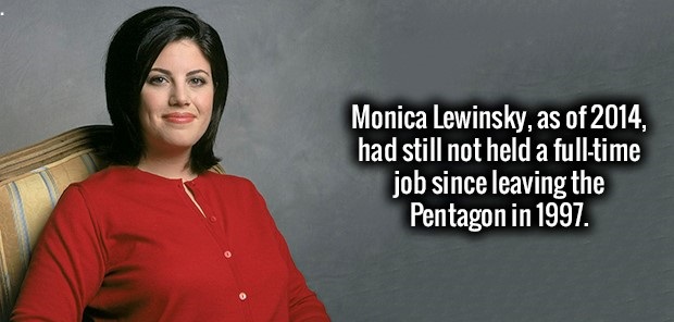 black hair - Monica Lewinsky, as of 2014, had still not held a fulltime job since leaving the Pentagon in 1997.