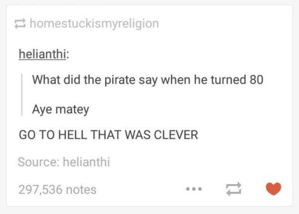funny puns - homestuckismyreligion helianthi What did the pirate say when he turned 80 Aye matey Go To Hell That Was Clever Source helianthi 297,536 notes