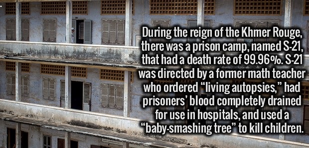 tuol sleng genocide museum - During the reign of the Khmer Rouge, there was a prison camp, named S21, that had a death rate of 99.96%. S21 was directed by a former math teacher who ordered living autopsies," had prisoners' blood completely drained for use