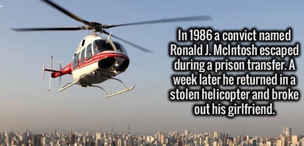 helicopter rotor - In 1986 a convict named Ronald J. McIntosh escaped during a prison transfer. A week later he returned in a stolen helicopter and broke out his girlfriend.