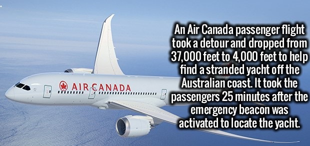 airline - An Air Canada passenger flight took a detour and dropped from 37,000 feet to 4,000 feet to help find a stranded yacht off the Australian coast. It took the passengers 25 minutes after the emergency beacon was activated to locate the yacht. 9.Air