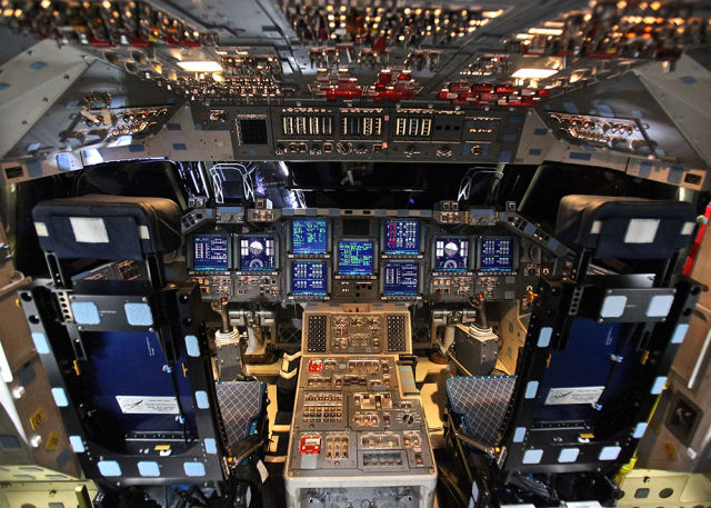 The cockpit of the Endeavour Space Shuttle.