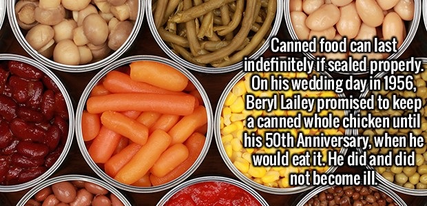 canned vegetables - Canned food can last indefinitely if sealed properly. On his wedding day in 1956, Beryl Lailey promised to keep a canned whole chicken until his 50th Anniversary, when he would eat it. He did and did not become ille