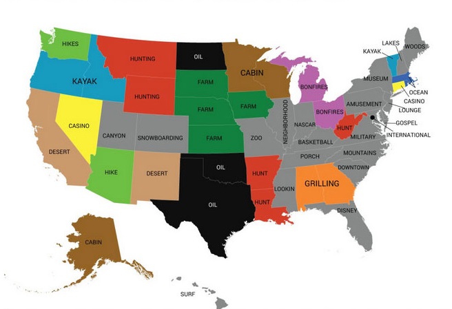 The most popular word used in online dating profiles in each state.