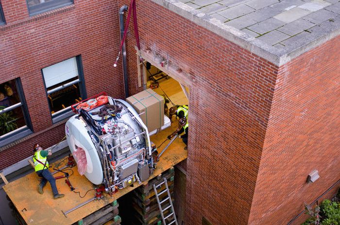 MRI machine being installed into a hospital.