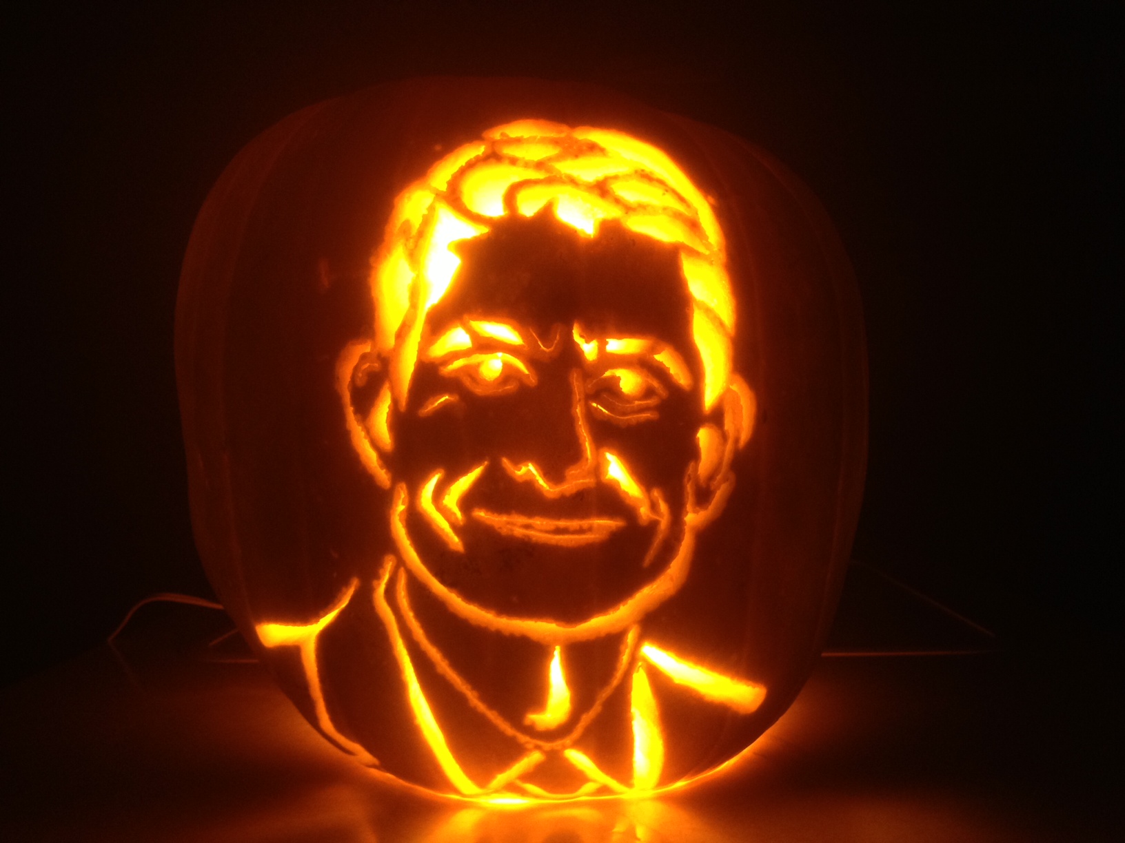 Republican Vice Presidential Candidate Paul Ryan's likeness carved into a jack-o-lantern.