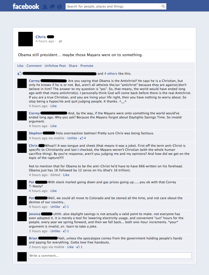 A funny facebook conversation after the 2012 Presidential election about Obama, the Mayans, the Anti-Christ and Daylight Savings.