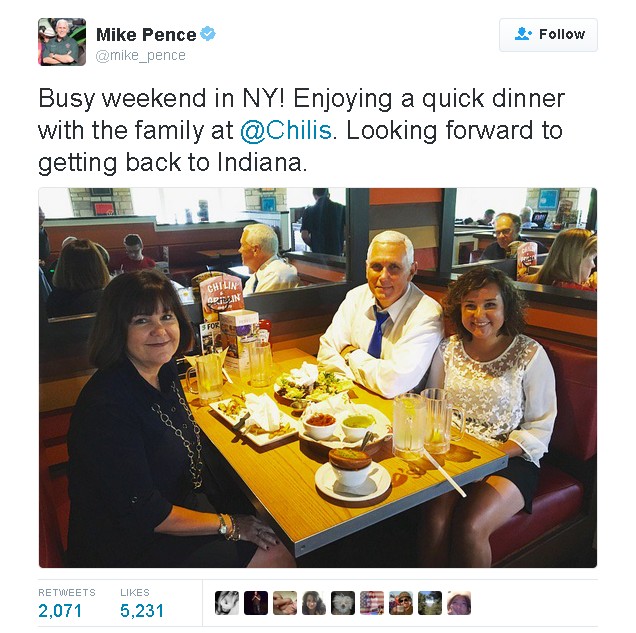 From Twitter: Busy weekend in NY! Enjoying a quick dinner with the family at @Chilis. Looking forward to getting back to Indiana. It's daylight, shouldn't she be sleeping?