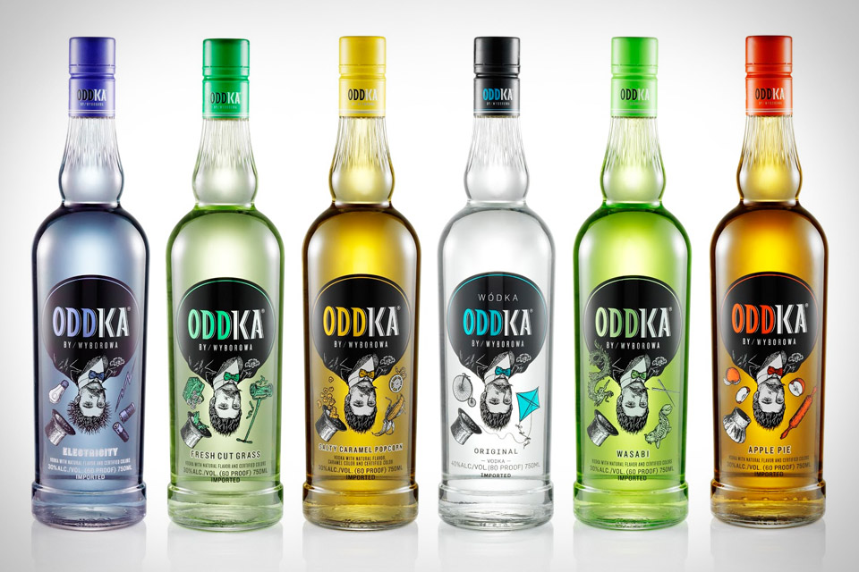 Oddka Vodka - Unique flavors include electricity, caramel popcorn, fresh cut grass, wasabi, and apple pie.