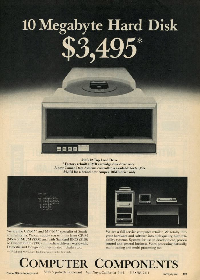 vintage computer ads - old pc ads - 10 Megabyte Hard Disk $3,495 544012 Top Load Drive Factory rebuilt 10MB cartridge disk drive only A new Cameo Data Systems controller is available for $1,495 $4,495 for a brand new Ampex 10MB drive only ba We are the Cp