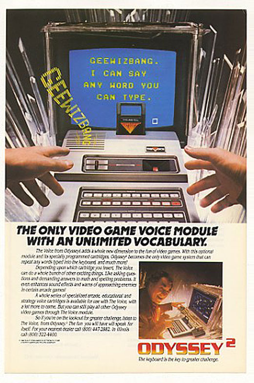 vintage computer ads - laptop - Geehizbang. I Can Say Any Horo You Can Type. Seewizbama The Only Video Game Voice Module With An Unlimited Vocabulary. ile ce texts Odyssey as a tendens bevitenciosames the colors and bygely rosante caridges hay ectos de en