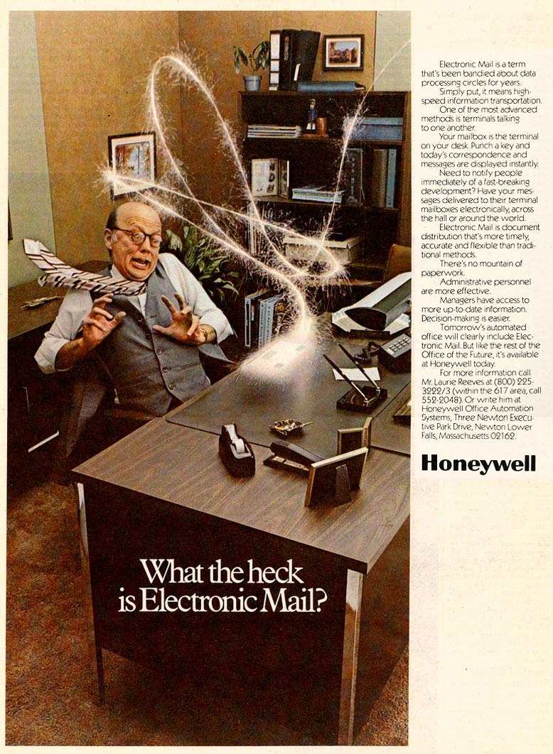 vintage computer ads - old school computer ads - Electronic Mail is a term that's been bandied about data processing circles for years. Simply put, it means high speed information transportation, One of the most advanced methods is terminals talking to on