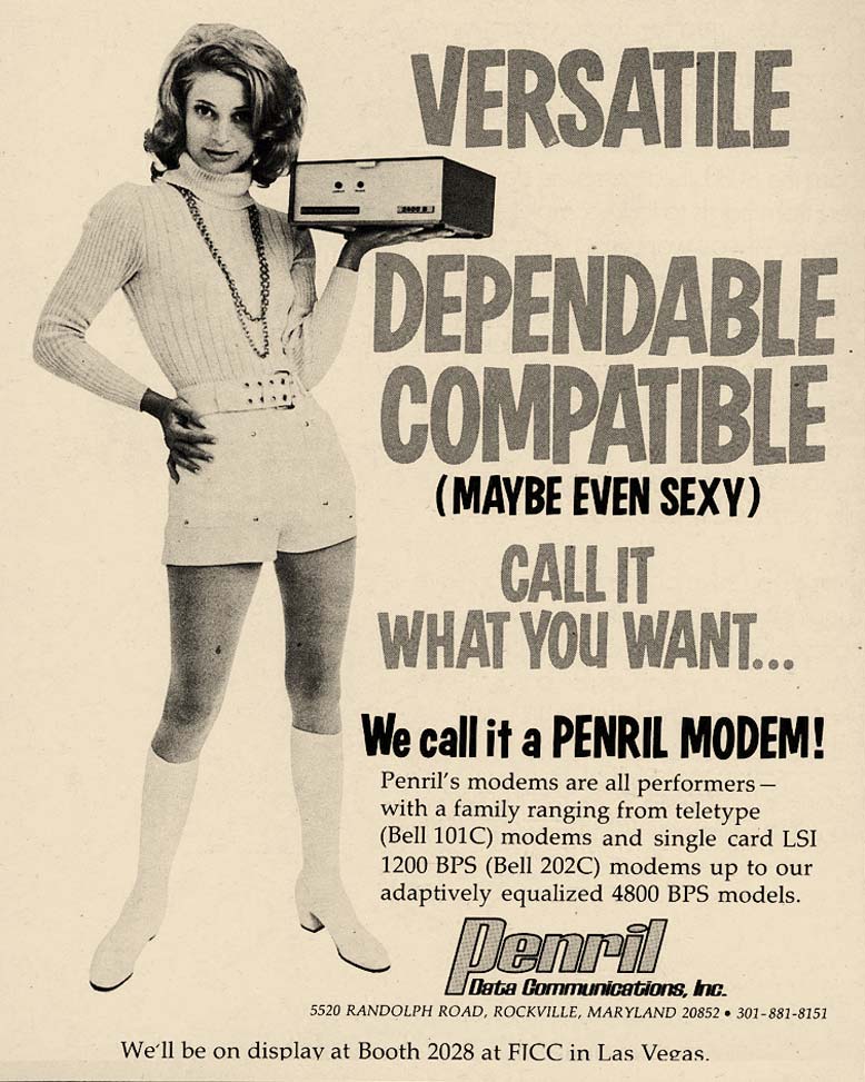 vintage computer ads - early computer advertisements - Versatile 320 Dependable Compatible Maybe Even Sexy Call It What You Want... We call it a Penril Modem! Penril's modems are all performers with a family ranging from teletype Bell 101C modems and sing