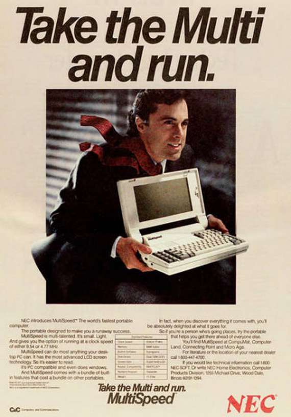 vintage computer ads - vintage computer ad - Take the Multi and run. Nec Proces Speed The words tastest ponilo Com The Deed you are Mared and corte Light And you the option of unspeed of Som Mooed on grouro to control and Los togsoort Pc compatible wd eve