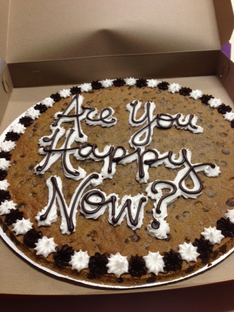 Emily in Baton Rouge was lamenting the fact that her husband had never once surprised me with a cookie cake. Hint, hint. The next day, her husband surprised her with