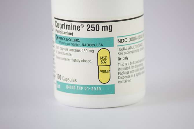 CUPRIMINE - Typical cost for a 30 day supply: $39,800. Treats Wilson’s Disease, the buildup of copper in liver and other organs; Cystinuria, which causes kidney stones; and rheumatoid arthritis.