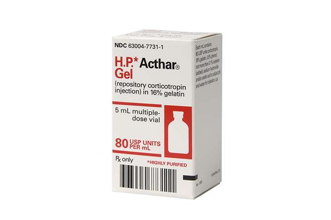 HP ACTHAR - Typical cost for a 30-day supply: $51,600. Treats Systemic Lupus Erythematosus; Proteinuria in Nephrotic Syndrome, too much protein in urine; dermatomyositis and polymyositis, bone joint and muscle disorders; rheumatoid and psoriatic arthritis; multiple sclerosis; infantile spasms, a catastrophic form of childhood epilepsy; sarcoidosis, an inflammation disease; and several ophthalmic conditions.