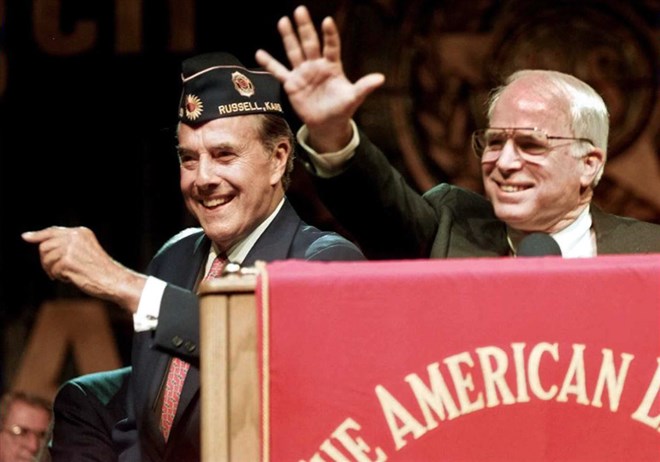 Republican presidential candidate Bob Dole and McCain wave to members of the American Legion at the group's annual convention in Salt Lake City on Sept. 3, 1996. McCain was on Dole's short list of possible running mates. He had also been short-listed as a possible running mate for George H.W. Bush in 1988.