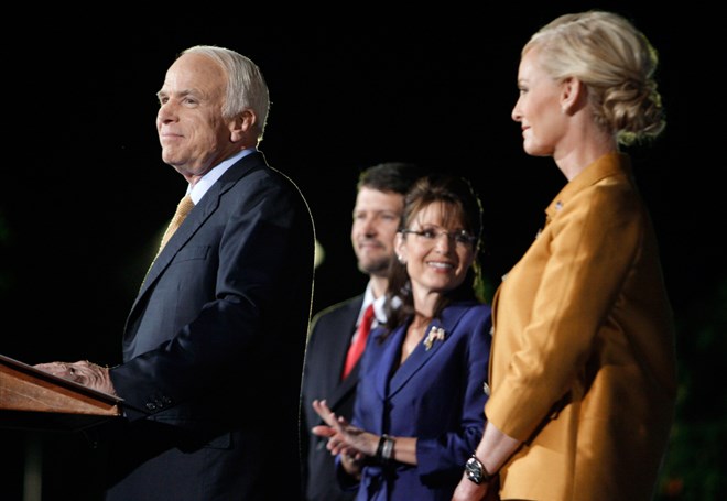 McCain and wife Cindy, joined by Gov. Sarah Palin and husband Todd, concedes the presidential race to Sen. Barack Obama on election night Nov. 4, 2008.