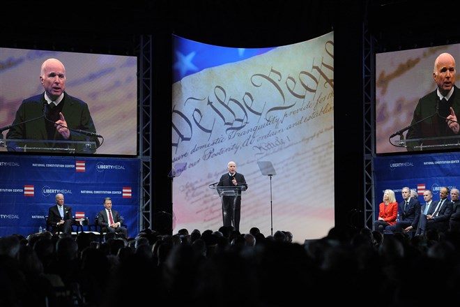 McCain speaks after receiving the 2017 Liberty Medal from former Vice President Joe Biden at the National Constitution Center on Oct. 16, 2017 in Philadelphia.