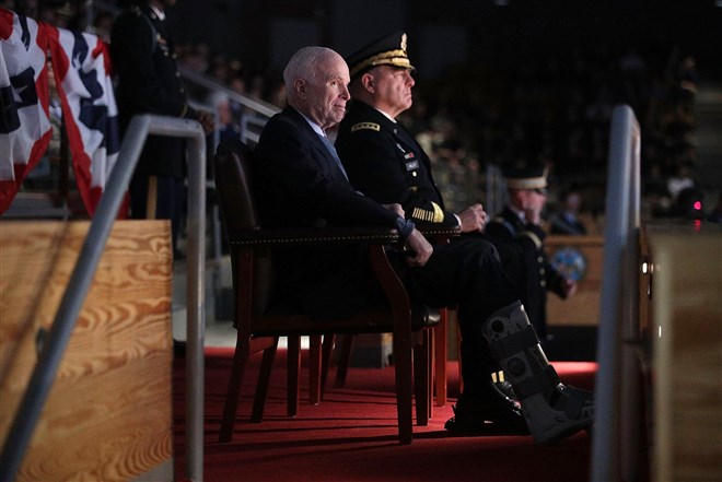 Army Chief of Staff Gen. Mark A. Milley and McCain watch a special Twilight Tattoo performance on Nov. 14, 2017 at Fort Myer in Arlington, Virginia. Sen. McCain was honored with the Outstanding Civilian Service Medal for over 63 years of dedicated service to the nation and the U.S. Navy.