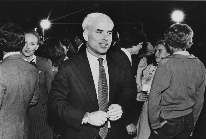 McCain and his wife Cindy, left, attend an election night event in Phoenix on Nov. 2, 1982. McCain launched his political career when he was elected to the U.S. House of Representatives from Arizona in 1982.