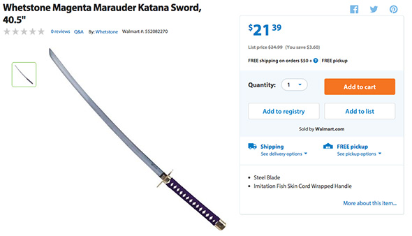A katana sword for defending m'ladies.