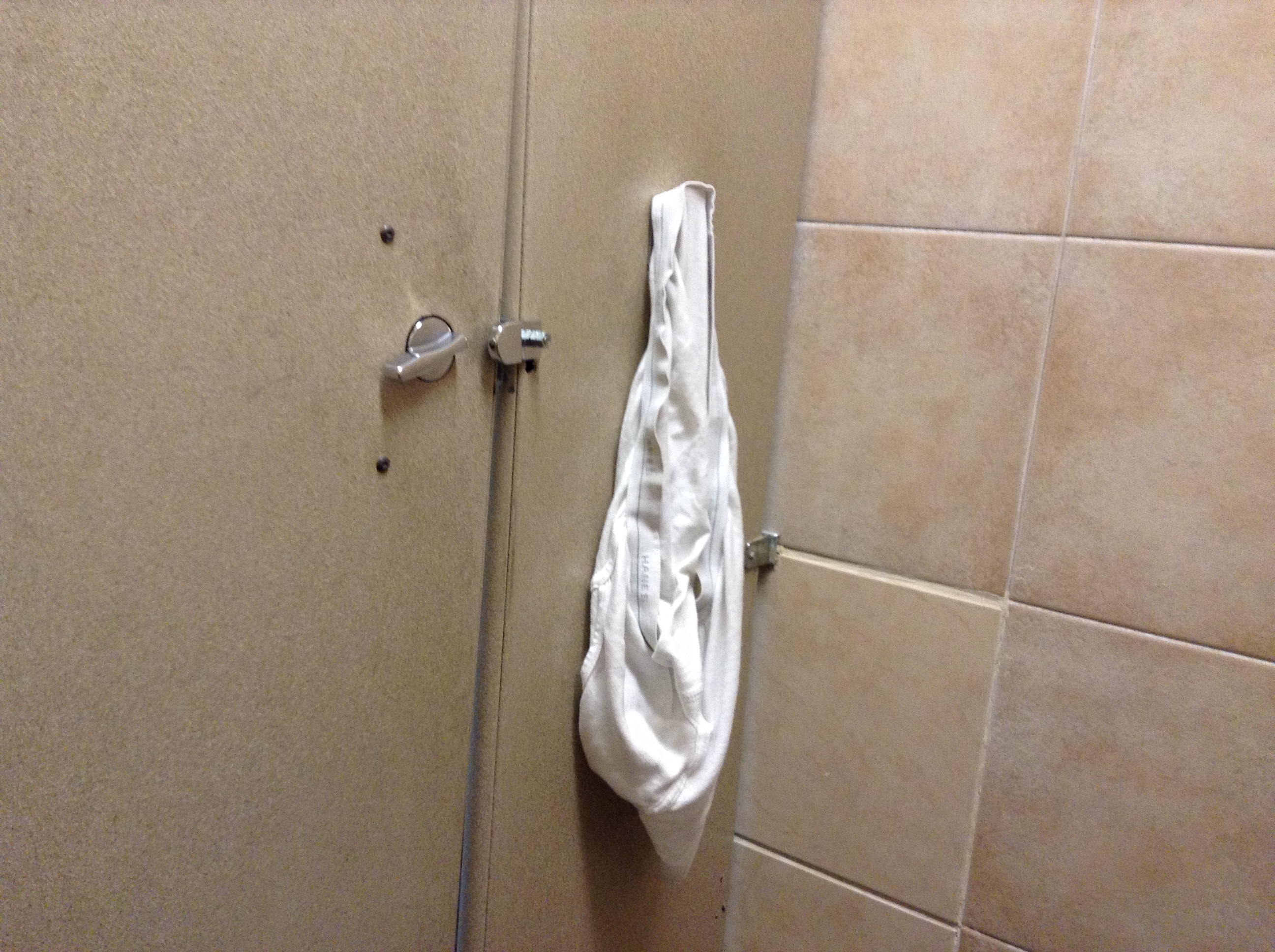 dirty undewear hanging on the back of a washroom stall door