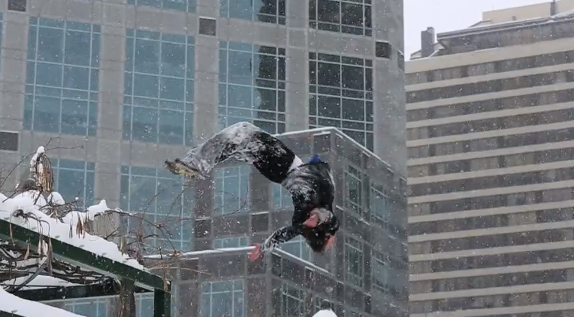 Here is an impressive video of the parkour stunt man Ronnie Shalvis doing some free running on ice and in winter conditions:
http://youtu.be/nmtpngSjKqE