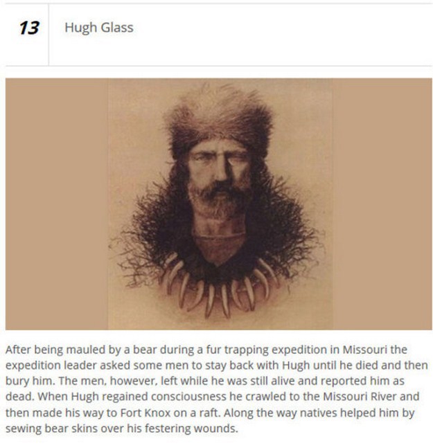 human - 13 Hugh Glass After being mauled by a bear during a fur trapping expedition in Missouri the expedition leader asked some men to stay back with Hugh until he died and then bury him. The men, however, left while he was still alive and reported him a