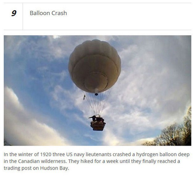 sky - Balloon Crash In the winter of 1920 three Us navy lieutenants crashed a hydrogen balloon deep in the Canadian wilderness. They hiked for a week until they finally reached a trading post on Hudson Bay.