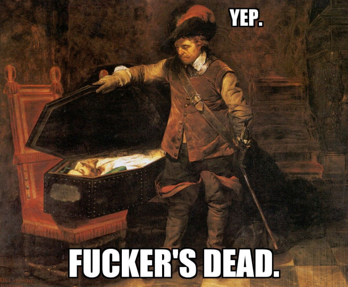 funny meme with classic painting of man looking inside coffin