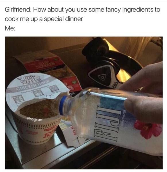 funny meme about using Fiji water to make instant noodles