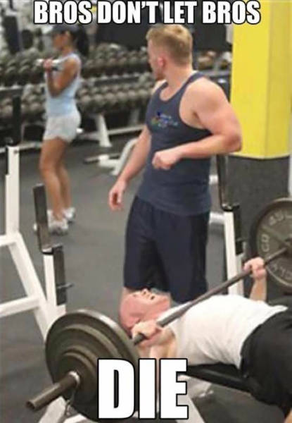 funny meme of guy getting distracted while spotting at the gym