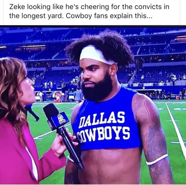 memes - zeke elliott longest yard meme - Zeke looking he's cheering for the convicts in the longest yard. Cowboy fans explain this... Dallas Scowboys