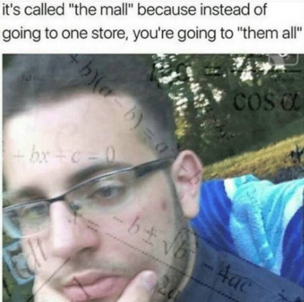memes - memes that make you think - it's called "the mall" because instead of going to one store, you're going to "them all" Cosc