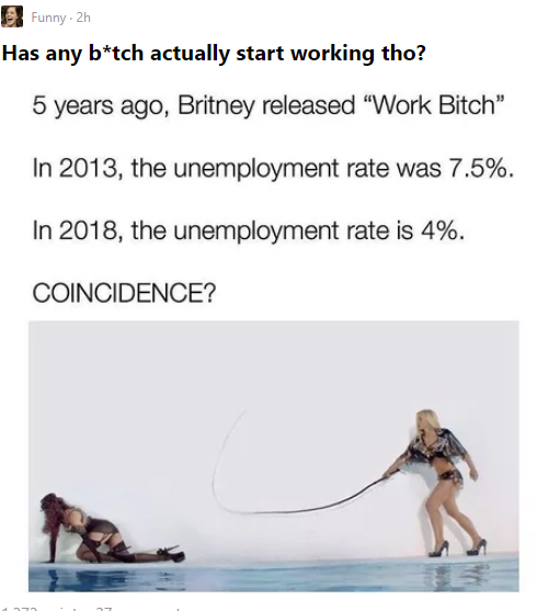 memes - britney work bitch meme - Funny 2h Has any btch actually start working tho? 5 years ago, Britney released Work Bitch In 2013, the unemployment rate was 7.5%. In 2018, the unemployment rate is 4%. Coincidence?