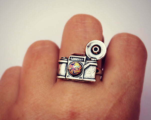 Silver Camera Ring With Pink Fire Opal