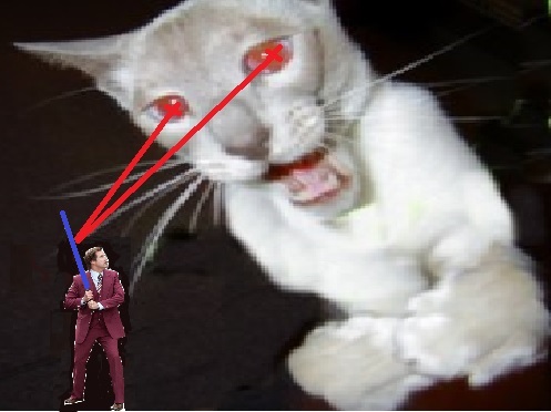 Fighting off a vicious laser-eyed feline!