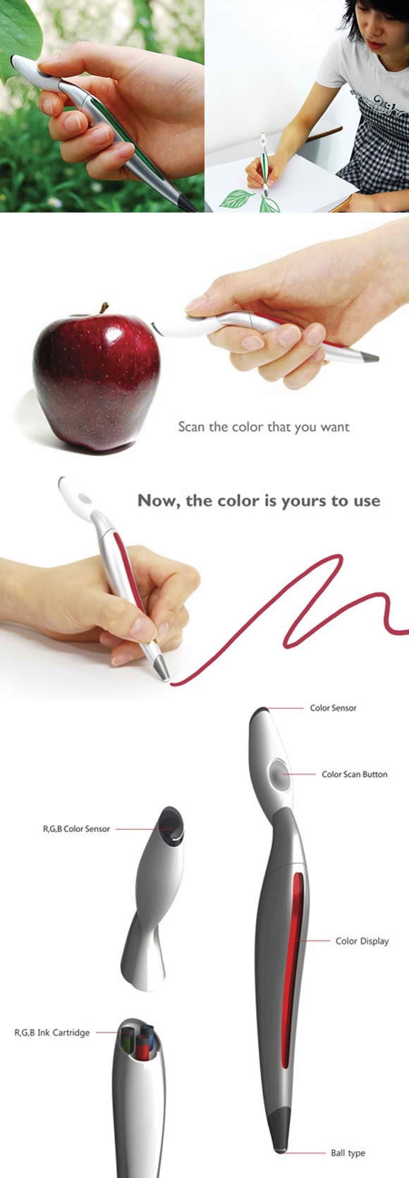 color picker pen - Scan the color that you want Now, the color is yours to use Color Sensor Color Scan Button Rgb Color Sensor Color Display R.G,B Ink Cartridge Ball type