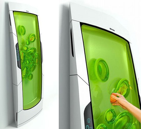 Bio-nano robot fridge. Bio-nano robotic gel survives off of UV light. Simply push food and drinks into the gel and it creates individual pods that sense and cool the items to their personal optimal temperatures.