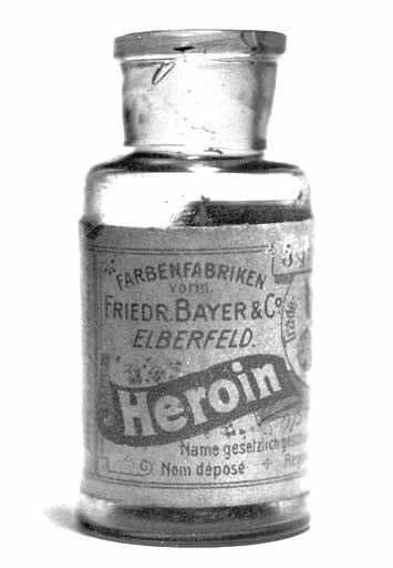 A bottle of Bayer's 'Heroin'. Between 1890 and 1910 heroin was sold as a non-addictive substitute for morphine... It was also used to treat children suffering with a strong cough.