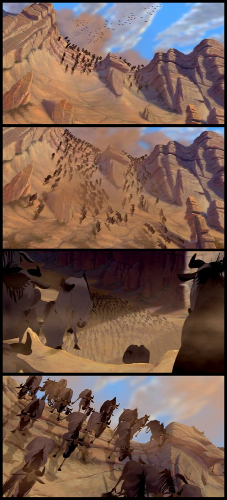 The wildebeest stampede in The Lion King took Disneys CG department approximately three years to animate. A new computer program had to be written for the CG wildebeest stampede that allowed hundreds of computer generated animals to run but without colliding into each other.