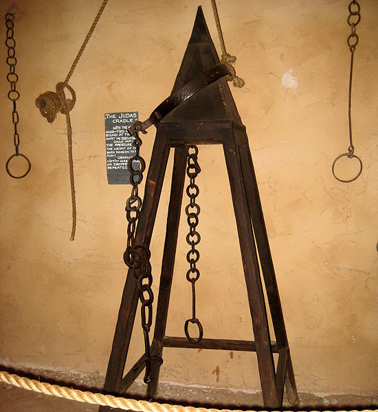 Cradle of Judas: Torturers placed the naked victim's anus or vagina atop the pyramid and slowly lowered their body using ropes until the cavity was stretched, eventually impaling them. Used during the Spanish Inquisition.