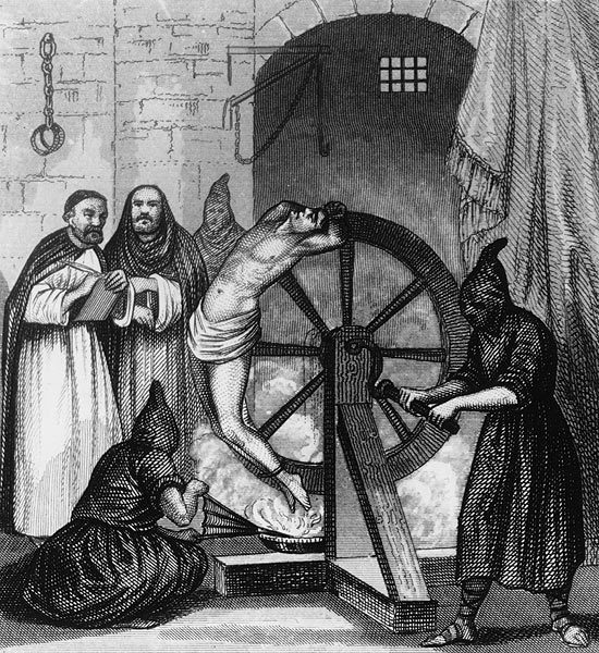 The Wheel: Used in a number of ways, sometimes the victim would endure his limbs bludgeoned by an iron bar. Sometimes the torturers would light a fire beneath the wheel and slowly rotate the wheel, causing the fire to burn the length of the victim's body repeatedly. The victim was left alive and tied to the wheel, facing the sun to rot for the birds.
