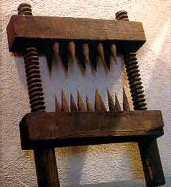 Knee Splitter: Designed like a vice and used to decimate a person's limbs, the length and number of spikes varied. Sometimes heat was added to the wooden spikes to make the experience more excruciating.