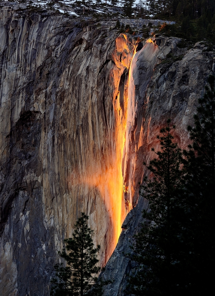 Horsetail Falls in Yosemite National Park, California. Every year, February, the sun's angle is such that it lights up the waterfall as if it were on fire